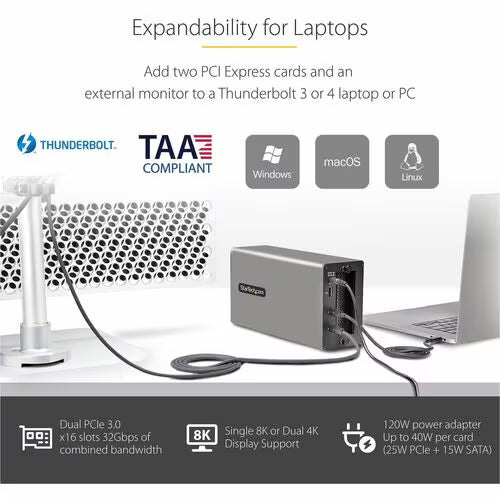 StarTech Thunderbolt 3 PCIe Expansion Chassis, External Enclosure W/Dual PCI Express Slots, PCIe Box for Laptops/Desktops, 8K/4K Output Via TB3/DP 1.4 Ports