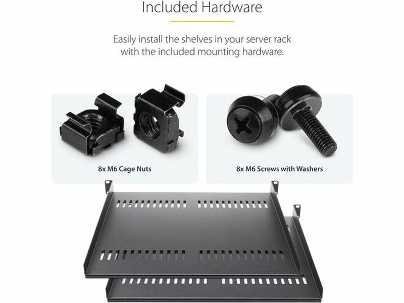 StarTech 2-Pack 1U Server Rack Shelf, Vented Universal Rack Mount Cantilever Shelf, For 19" Rack/Cabinet, Heavy-Duty Steel, 44lb/20kg Capacity, 16" Deep Tray