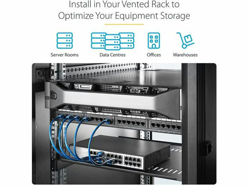 StarTech 2-Pack 1U Server Rack Shelf, Vented Universal Rack Mount Cantilever Shelf, For 19" Rack/Cabinet, Heavy-Duty Steel, 44lb/20kg Capacity, 16" Deep Tray