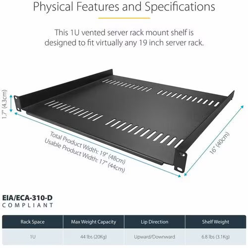 StarTech 2-Pack 1U Server Rack Shelf, Vented Universal Rack Mount Cantilever Shelf, For 19" Rack/Cabinet, Heavy-Duty Steel, 44lb/20kg Capacity, 16" Deep Tray