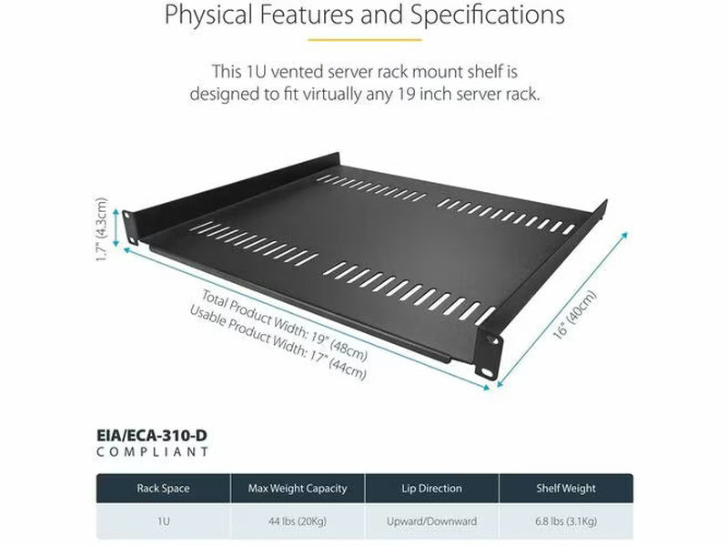 StarTech 2-Pack 1U Server Rack Shelf, Vented Universal Rack Mount Cantilever Shelf, For 19" Rack/Cabinet, Heavy-Duty Steel, 44lb/20kg Capacity, 16" Deep Tray