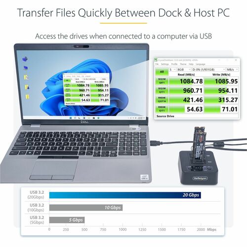 StarTech 1:1 M.2 NVMe Drive Duplicator, Standalone M.2 SSD Cloner/Copier up to 90GBpm, USB 3.2 20Gbps M.2 Dual-Bay Drive Dock