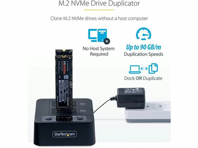 StarTech 1:1 M.2 NVMe Drive Duplicator, Standalone M.2 SSD Cloner/Copier up to 90GBpm, USB 3.2 20Gbps M.2 Dual-Bay Drive Dock