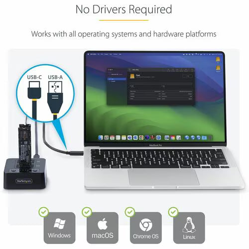 StarTech 1:1 M.2 NVMe Drive Duplicator, Standalone M.2 SSD Cloner/Copier up to 90GBpm, USB 3.2 20Gbps M.2 Dual-Bay Drive Dock