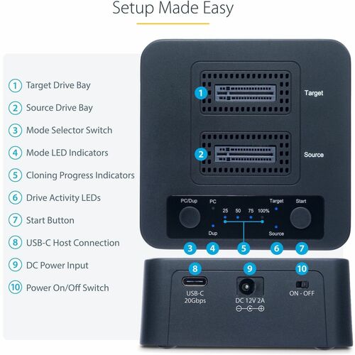 StarTech 1:1 M.2 NVMe Drive Duplicator, Standalone M.2 SSD Cloner/Copier up to 90GBpm, USB 3.2 20Gbps M.2 Dual-Bay Drive Dock