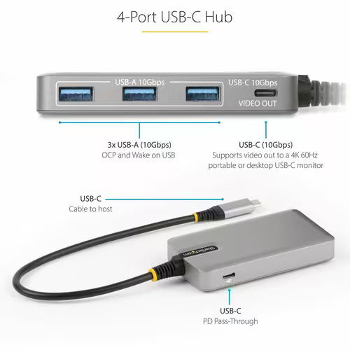 StarTech 4-Port USB-C Hub with USB-C DP Alt Mode Video Output 4K 60Hz - 3x USB-A, 1x USB Type-C, 100W Power Delivery Pass-Through