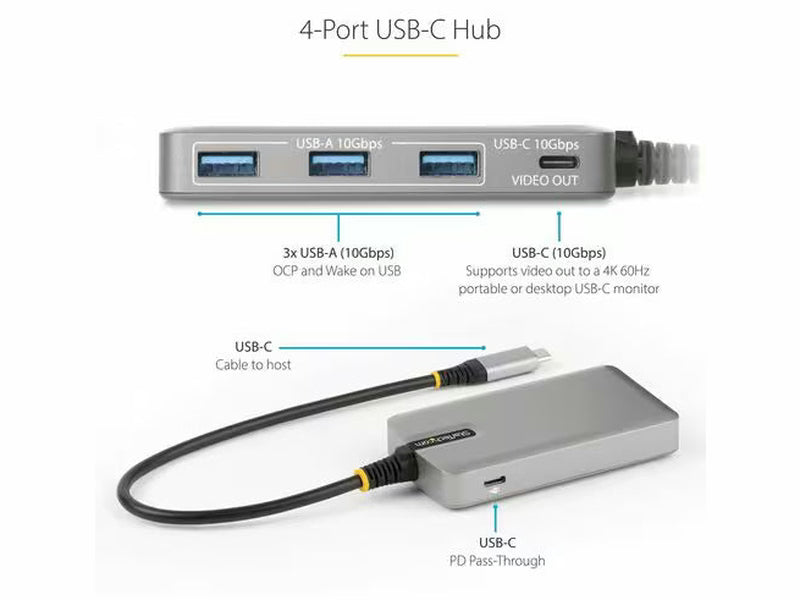 StarTech 4-Port USB-C Hub with USB-C DP Alt Mode Video Output 4K 60Hz - 3x USB-A, 1x USB Type-C, 100W Power Delivery Pass-Through