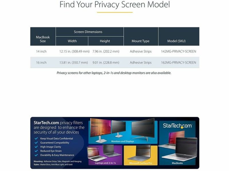StarTech Plastic Anti-glare Privacy Screen Filter for 14" MacBook Pro