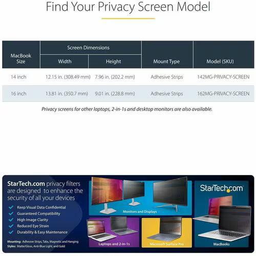 StarTech Plastic Anti-glare Privacy Screen Filter for 14" MacBook Pro