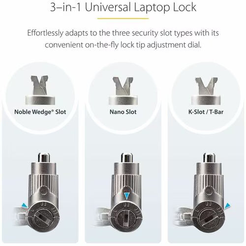 StarTech 3-in-1 Universal Laptop Lock 6.6ft 2m , Master Keyed Locking Cable, Computer Security, Compatible w/Noble Wedge&reg;/Nano/K-Slot, Anti-Theft Cut-Resistant Cable