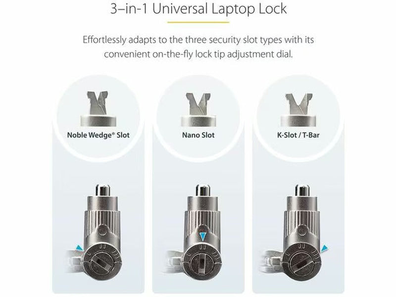 StarTech 3-in-1 Universal Laptop Lock 6.6ft 2m , Master Keyed Locking Cable, Computer Security, Compatible w/Noble Wedge&reg;/Nano/K-Slot, Anti-Theft Cut-Resistant Cable