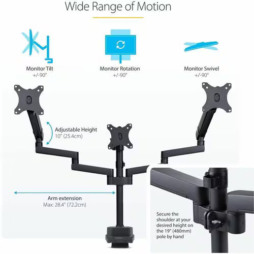 StarTech Triple Monitor Desk Mount For Up To Three 27in Screens