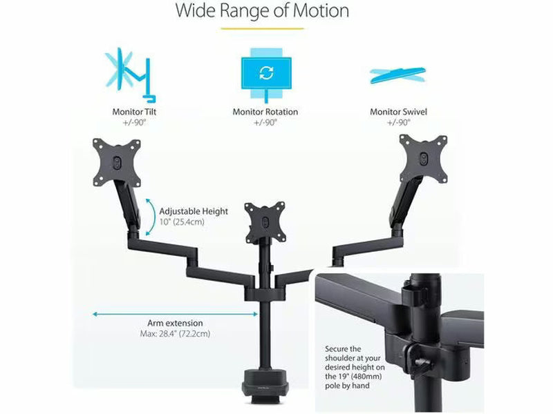 StarTech Triple Monitor Desk Mount For Up To Three 27in Screens