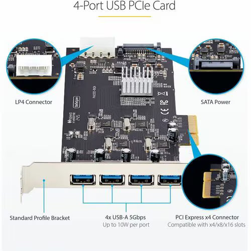 StarTech 4-Port USB PCIe Card, USB 3.2 5Gbps, PCI Express Expansion Card with 4x Independent USB Controllers, 4x USB-A Ports, Windows/macOS/Linux