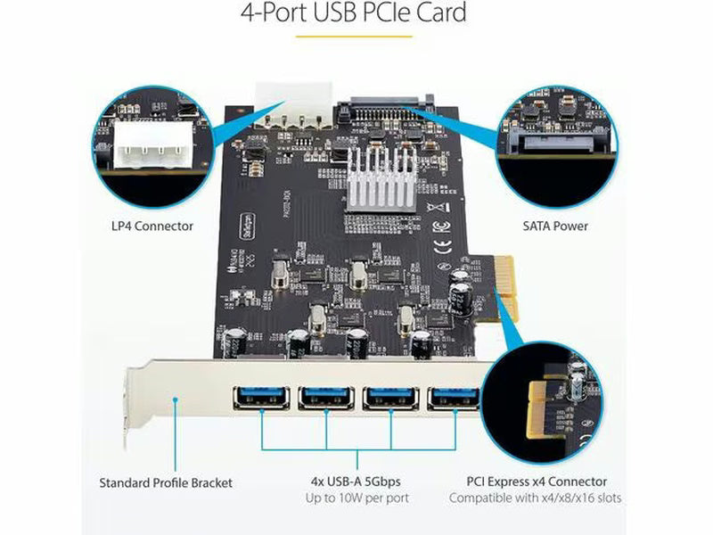 StarTech 4-Port USB PCIe Card, USB 3.2 5Gbps, PCI Express Expansion Card with 4x Independent USB Controllers, 4x USB-A Ports, Windows/macOS/Linux