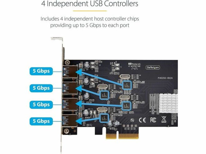 StarTech 4-Port USB PCIe Card, USB 3.2 5Gbps, PCI Express Expansion Card with 4x Independent USB Controllers, 4x USB-A Ports, Windows/macOS/Linux