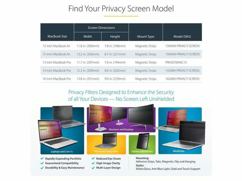 StarTech Anti-glare Privacy Screen Filter for Apple 40.6 cm 16" LCD MacBook Pro