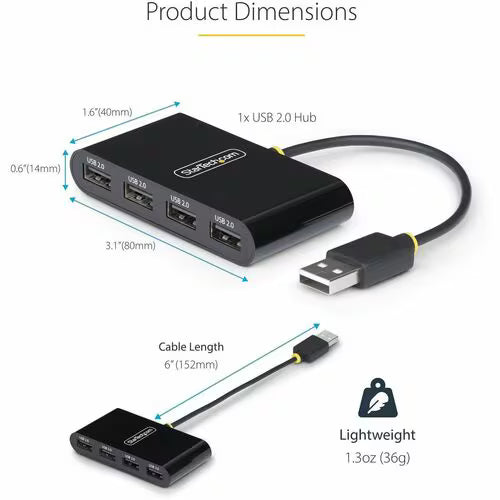 StarTech 4-Port USB 2.0 Hub, USB 2.0 Splitter, Multi-Port Portable USB Hub, 480Mbps