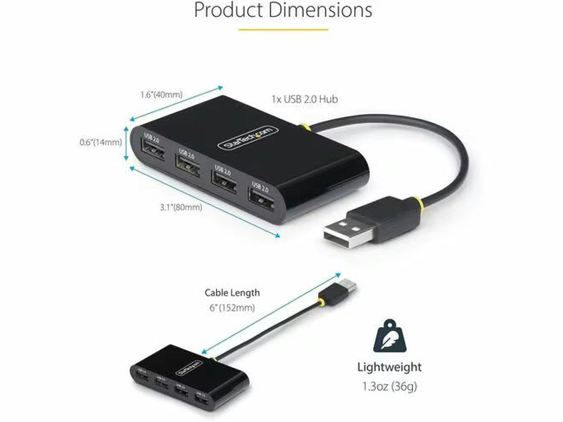 StarTech 4-Port USB 2.0 Hub, USB 2.0 Splitter, Multi-Port Portable USB Hub, 480Mbps