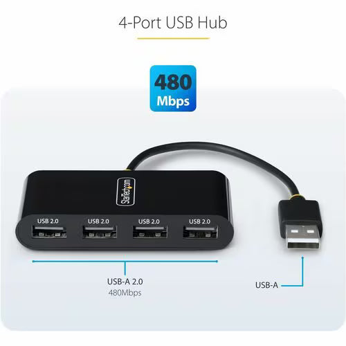 StarTech 4-Port USB 2.0 Hub, USB 2.0 Splitter, Multi-Port Portable USB Hub, 480Mbps