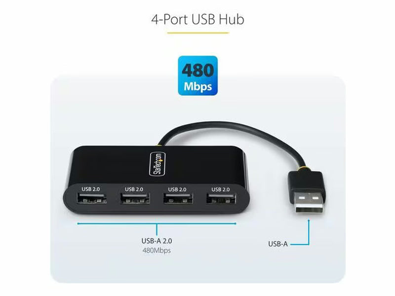 StarTech 4-Port USB 2.0 Hub, USB 2.0 Splitter, Multi-Port Portable USB Hub, 480Mbps