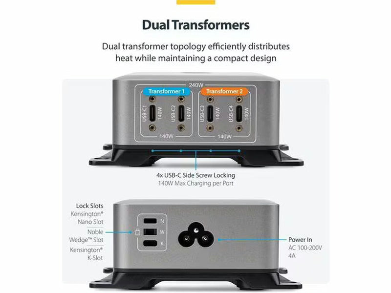 StarTech 4-Port Multi-Device USB-C Charger, 240W Total, Single Port 140W EPR
