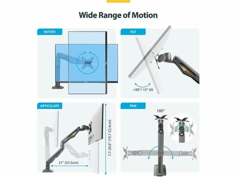 StarTech Desk Mount Monitor Arm, Up To 32" Display, Max 22lb/10kg, VESA 75x75/100x100, C-Clamp, Fully Articulating, Mechanical Spring