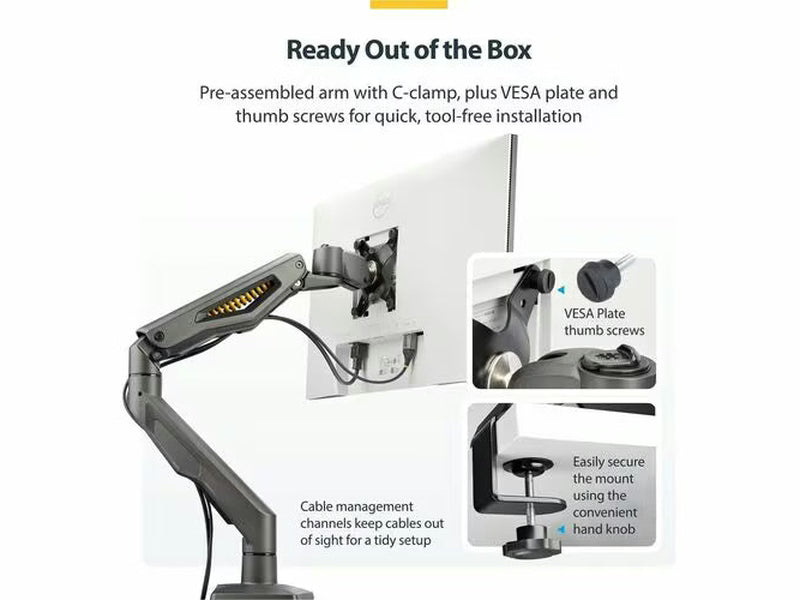 StarTech Desk Mount Monitor Arm, Up To 32" Display, Max 22lb/10kg, VESA 75x75/100x100, C-Clamp, Fully Articulating, Mechanical Spring
