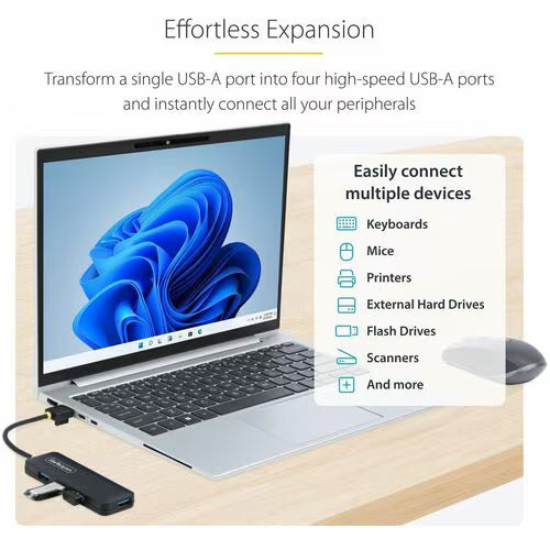 StarTech 4-Port USB-A Hub, USB 3.0, 5Gbps, Small Travel Mini USB Hub