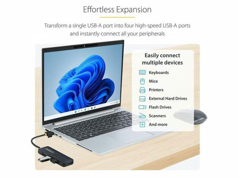 StarTech 4-Port USB-A Hub, USB 3.0, 5Gbps, Small Travel Mini USB Hub