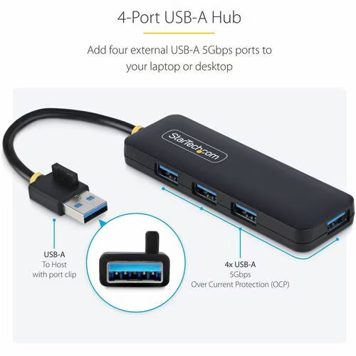 StarTech 4-Port USB-A Hub, USB 3.0, 5Gbps, Small Travel Mini USB Hub