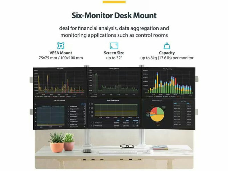 StarTech Six-Monitor Desk Mount with Crossbar, Up To 32-inch Computer Screens