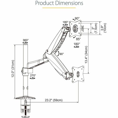 StarTech Desk Mount Monitor Arm for Single VESA Display up to 32" or 49" Ultrawide 8kg/17.6lb