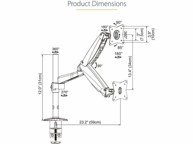 StarTech Desk Mount Monitor Arm for Single VESA Display up to 32" or 49" Ultrawide 8kg/17.6lb