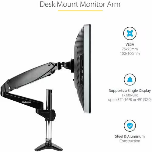StarTech Desk Mount Monitor Arm for Single VESA Display up to 32" or 49" Ultrawide 8kg/17.6lb