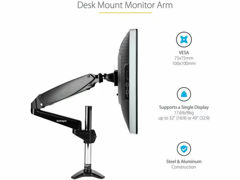 StarTech Desk Mount Monitor Arm for Single VESA Display up to 32" or 49" Ultrawide 8kg/17.6lb