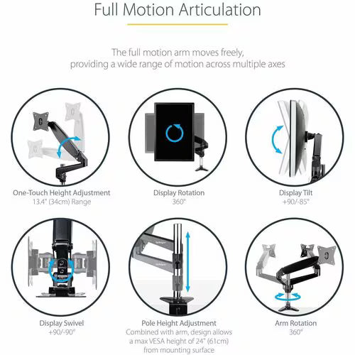 StarTech Desk Mount Monitor Arm for Single VESA Display up to 32" or 49" Ultrawide 8kg/17.6lb