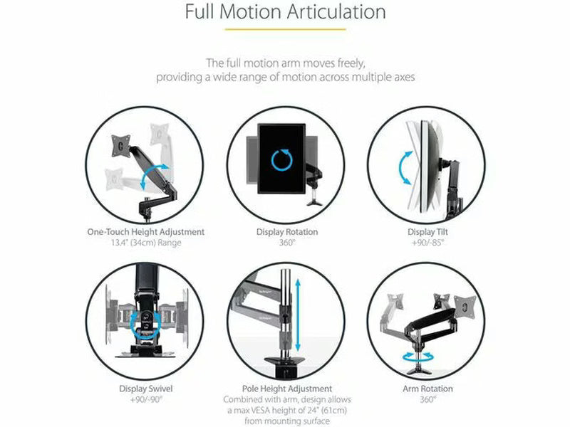 StarTech Desk Mount Monitor Arm for Single VESA Display up to 32" or 49" Ultrawide 8kg/17.6lb
