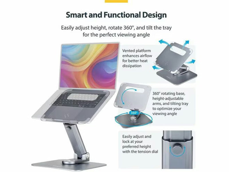 StarTech Telescopic Laptop Stand, 360 Swivel Base, Rotating Computer Riser for Desk