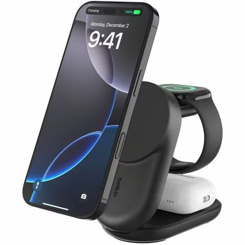 Belkin UltraCharge 3-in-1 Foldable Magnetic Charger w/ Qi2 25W +USB-C Wall Charger 45W +USB-C Cable 15M -Black WIZ037auBK , $2500CEW, 2YR