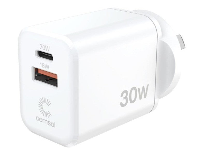 Comsol 30W Dual Port, 1x USB-C 1x USB-A, Wall Charger, 2YR WTY - WCCA301W
