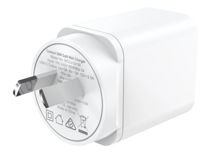 Comsol 30W Dual Port, 1x USB-C 1x USB-A, Wall Charger, 2YR WTY - WCCA301W