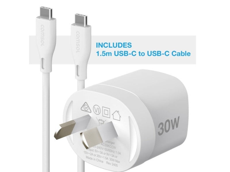 Comsol 30W GaN USB-C Wall Charger + 1.5M USB-C To USB-C Cable - AC30KCCW