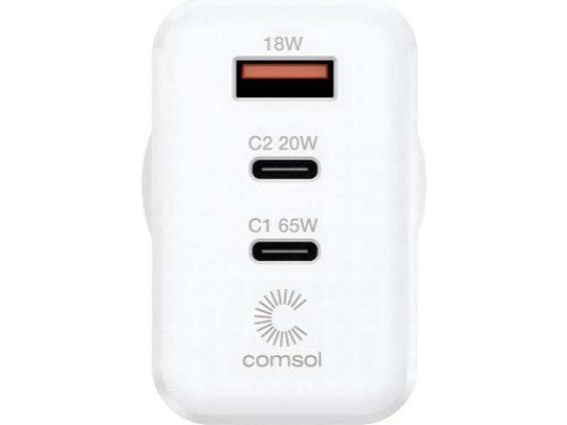 Comsol 65W GaN 3 Port Wall Charger, 2x USB-C + 1x USB-A, 2YR WTY- WCA653WH