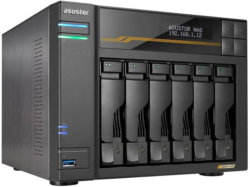 Asustor Lockerstor 6 Gen3 AS6806T 6 Bay NAS, Quad-Core 2.3GHz 2x 10GbE, 2x 5GbE, 16GB, 4x M.2 SSD Slots Diskless