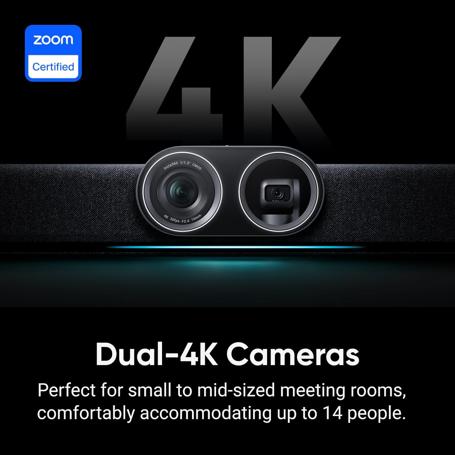 Insta360 Connect - AI Conference Room System with Android OS, Zoom Certified, Dual-4K Cameras, Speaker Tracking, 14-Mic Array, Voice Pickup to 33ft, Whiteboard Mode, Work with Teams/Google Meet/Webex