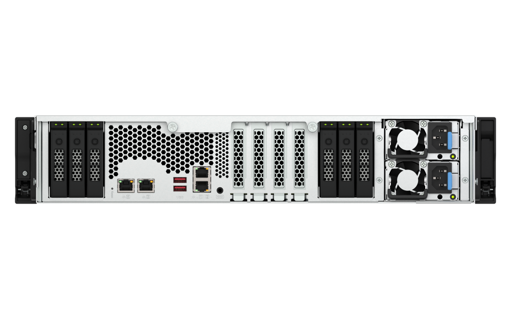 QNAP TS-h3077AFU-R7-64G2U 30-bay 2.5" SATA all flash NAS AMD Ryzen 7700/Ryzen Pro 7745 8-core/16 thread processor up to 5.3 GHz 64GB DDR5 non-ECC RAM