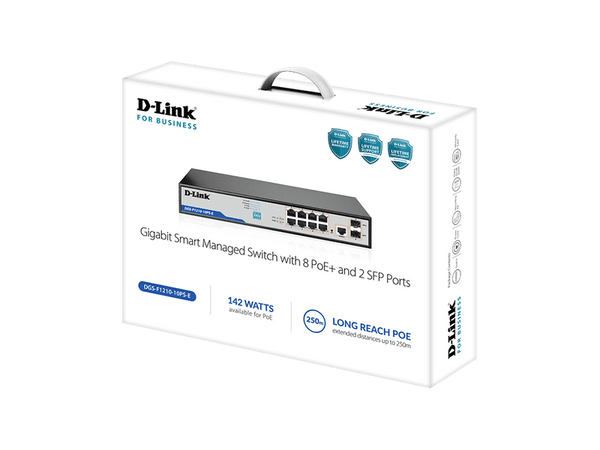 D-Link DGS-F1210, 10-Port Gigabit Smart Managed PoE+ Switch with 8 PoE RJ45 and 2 SFP Ports