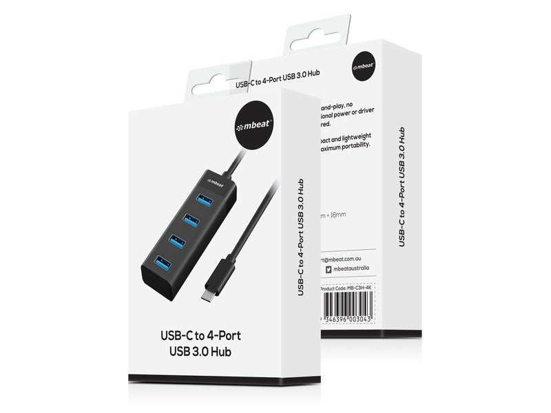 mbeat USB-C to 4-Port 3.0 Hub - Black