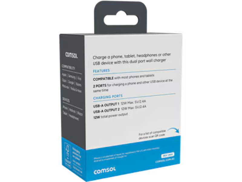 Comsol 12W Dual Port USB-A Wall Charger - AC12A2W